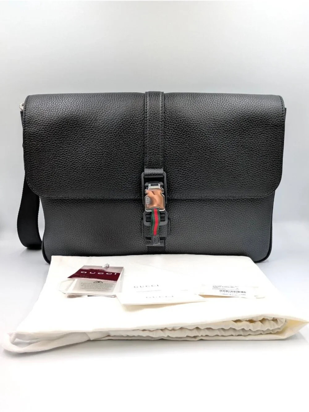 Gucci Men’s Piuma Calfskin Web Medium Business Case Crossbody Bag Black 816755